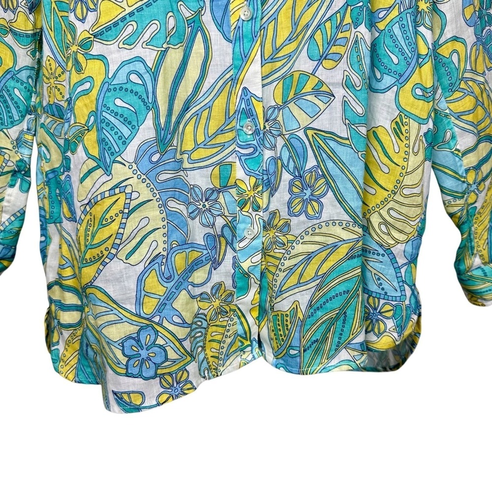J. McLaughlin Britt Linen Tropical Leaf Button Shirt Blue Yellow XL Coastal‎ - Picture 8 of 11